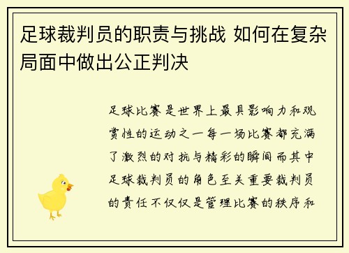 足球裁判员的职责与挑战 如何在复杂局面中做出公正判决