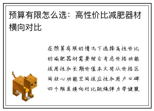 预算有限怎么选：高性价比减肥器材横向对比