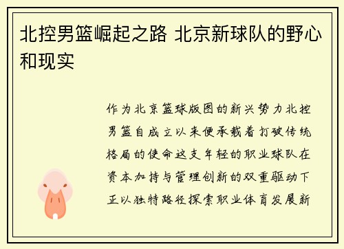北控男篮崛起之路 北京新球队的野心和现实