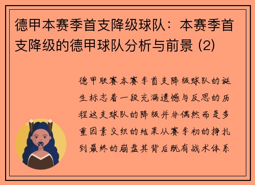德甲本赛季首支降级球队：本赛季首支降级的德甲球队分析与前景 (2)